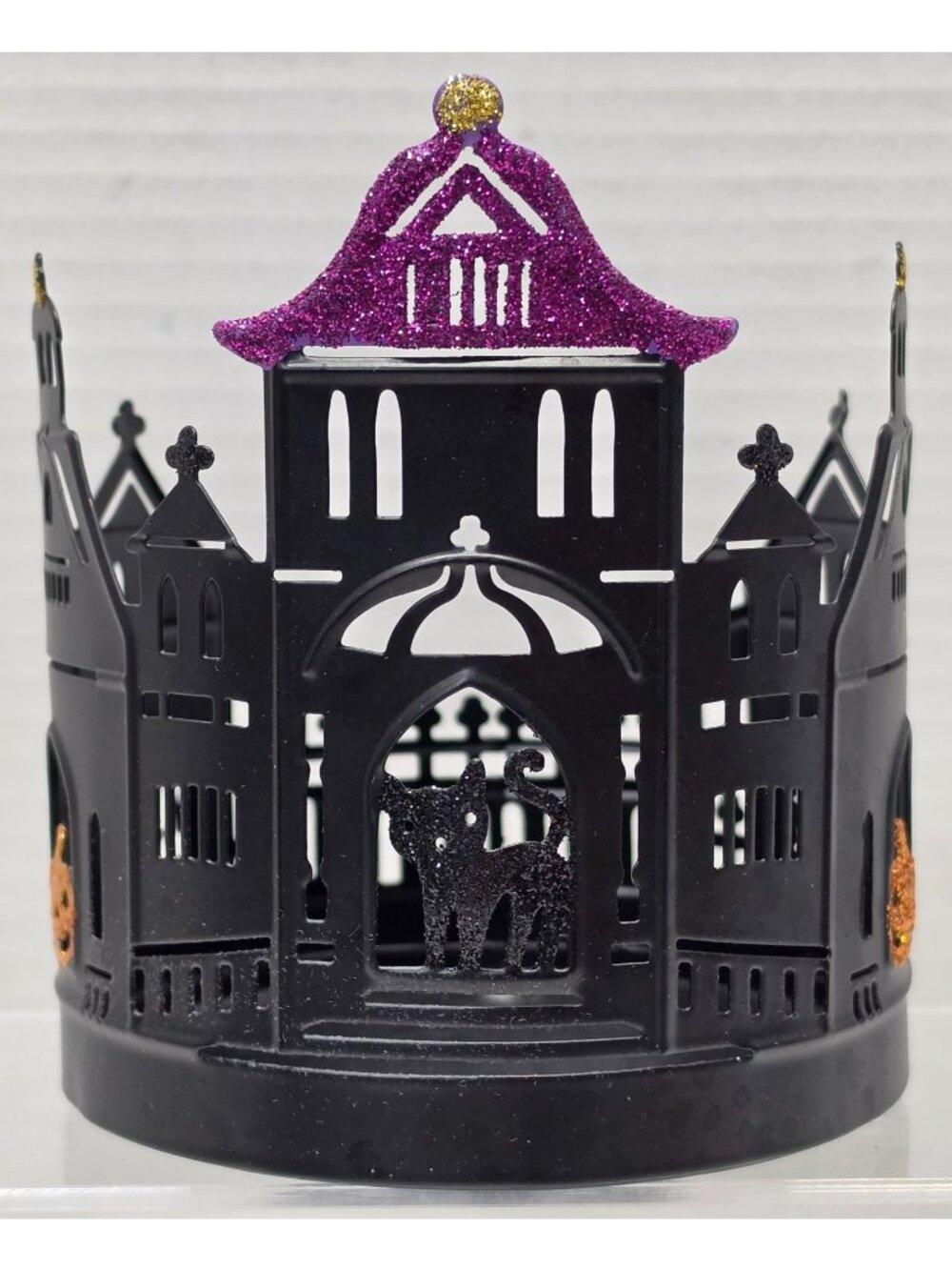 Sonoma Kohl's Halloween Haunted House Black Cat Glitter Jar Candle Holder
